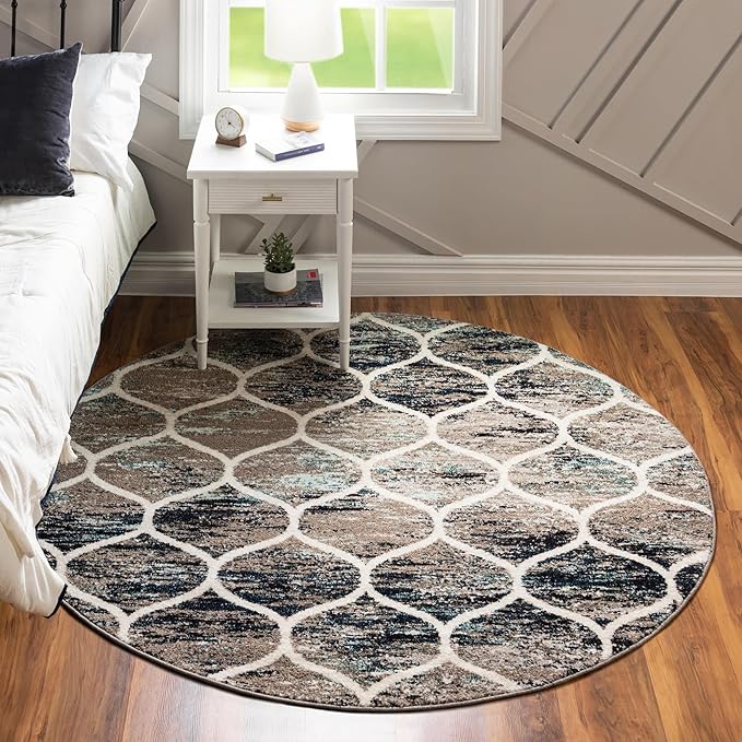 Rugs.com Lattice Frieze Collection Rug – 8' Round Blue Multi Medium Rug Perfect for Kitchens, Dining Rooms