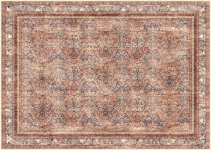 Phantoscope Washable Area Rug 5'x7' Non-Slip, Vintage Neutral Xmas Rugs for Living Room, Bedroom, Dining Room, Distressed Boho Floral Medallion Pattern, Low-Pile Foldable Floor Carpet, Brick Red/Black