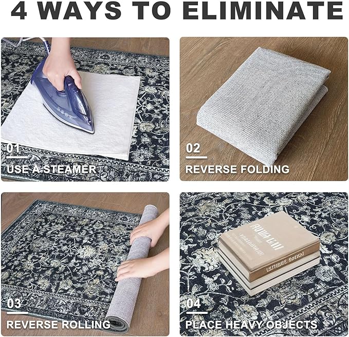 KILOCOCO Area Rug 5x7 Living Room Rug Washable Printed Vintage Floral Non Slip Soft Rubber Backed Indoor Bedroom Rugs for Laundry Room Kitchen Playroom Moroccan Area Rugs, Navy/Charcoal