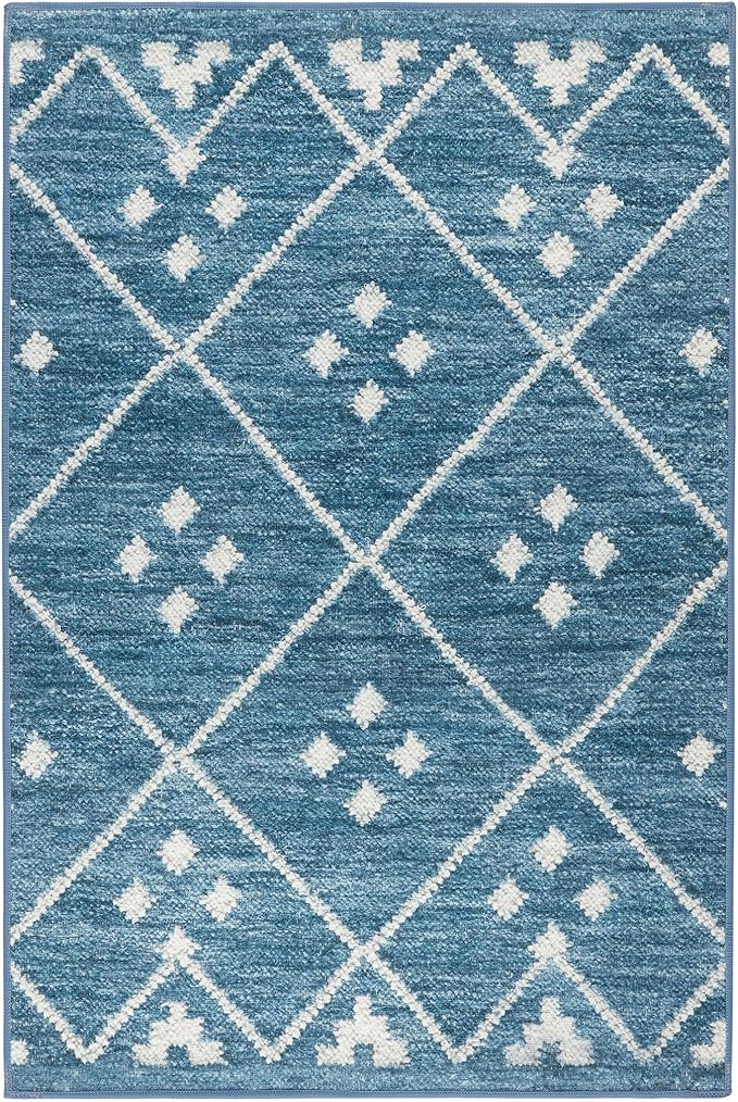 Dash and Albert Kota Machine Washable Area Rug - Runner - 2.5' x 8' Indigo - Diamond Accent Rug - Anti-Slip Backing, Lightweight, Machine Washable, High Traffic Areas Kitchen, Mudroom, Laundry Room
