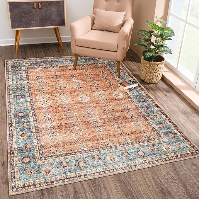 Bloom Rugs Washable Non-Slip 8' x 10' Rug - Orange/Teal Blue Traditional Bordered Area Rug for Living Room, Bedroom, Dining Room, and Kitchen - Exact Size: 8' x 10'