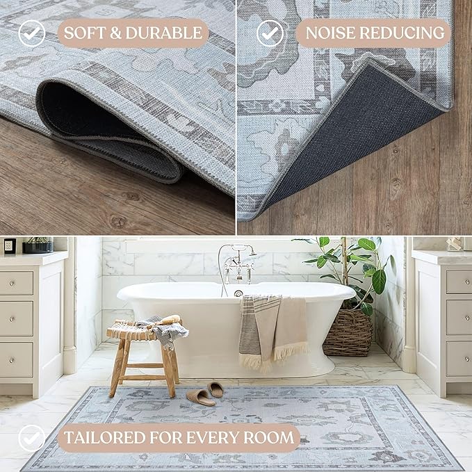 Fame Living Cream Beige Oushak Rug, Modern Rugs, Vintage, Turkish, Eclectic, Floral, Pastel, Washable, Small Throw, Accent Area Rug for Living Room, Bedroom, Kitchen, Bathroom, 2'5"x4'9"