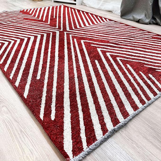 Alfa Rich 4x6 Geometric Red Burgundy Off White Washable Area Rugs for Living Room Bedroom Cotton Rug
