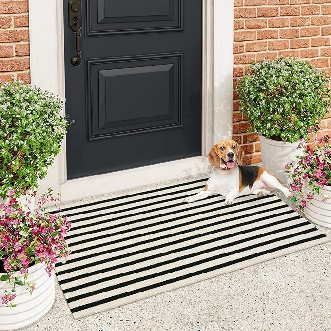 Black and White Striped Rugs 2.3'x3.6', Washable Hand Woven Front Door Rug, Reversible Outdoor Welcome Mat Foldable Layered Door Mats for Entryway Porch Decor Home Entrance