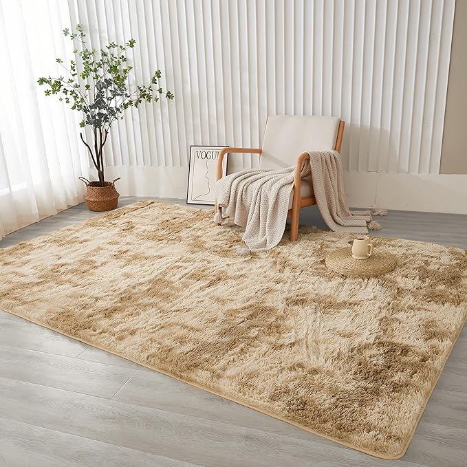 Andency 8x10 Area Rugs for Living Room, Upgrade Non-Slip Fluffy Soft Large Shag Bedroom Carpet, Tie-Dyed Khaki Big Indoor Thick Nursery Rug for Kids Dorm Home Decor Aesthetic
