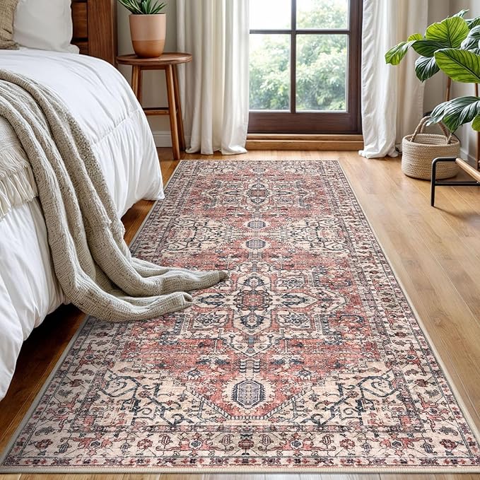 KOZYFLY Boho Runner Rug 3x8 Ft Washable Hallway Rug Faux Wool Printed Long Floor Carpet for Entryway Bedroom Kitchen Living Room Indoor Soft Durable Design, Terracotta/Beige