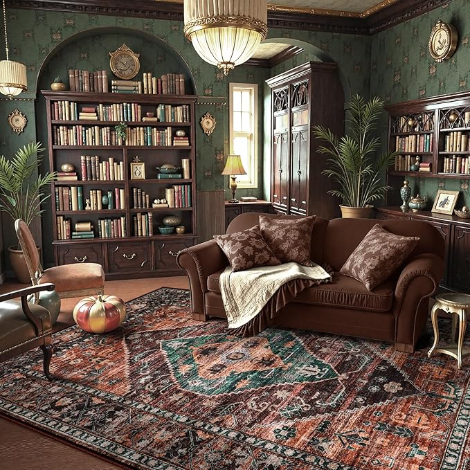 Lahome 8x10 Ultra-Thin Living Room Rug （Non-Slip Washable Non-Shedding）（Oriental Vintage Distressed Carpet for Dining，Bedroom，Office）