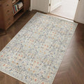 Washable Living Room Rug: 3x5 Boho Floral Soft Area Rug for Bedroom Decor - Vintage Low Pile Thin Carpet for Dining Room Non-Slip - Farmhouse Stain Resistant Rugs - Beige Blue