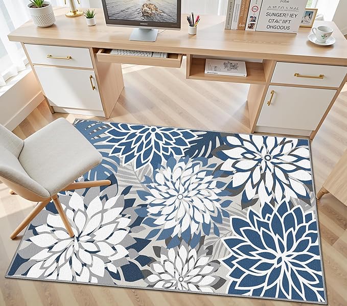3x5 Washable Rug for Living Room Tropical Botanical Modern Floral Chenille Area Rugs Low Pile Non Slip Carpet for Patio, Bedroom, Laundry, Blue