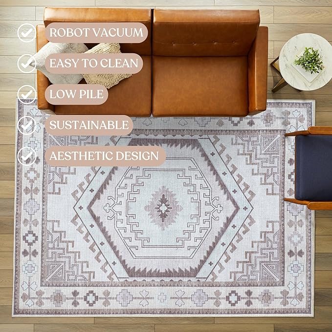 Fame Living Washable Area Rug. Modern Farmhouse. Vintage. Turkish. Bohemian. Distressed. Oriental. Traditional. Rugs for Living Room. Dining. Bedroom. Office. Entryway. Foyer. (856BrC, 2' x 3')