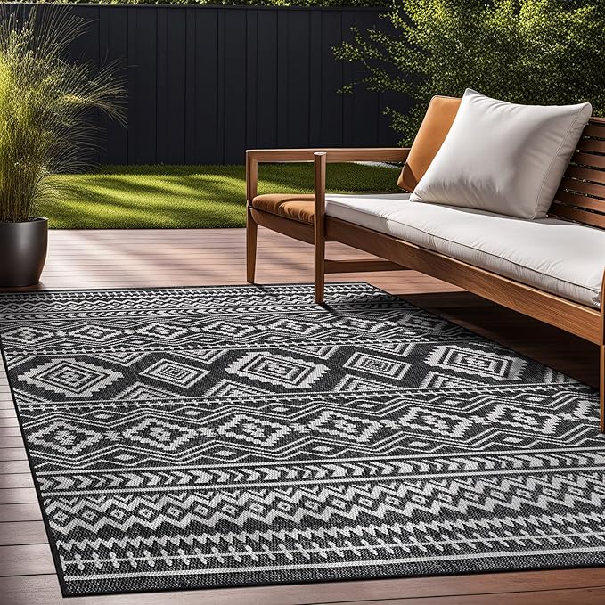Beverly Rug Waikiki Boho Indoor Outdoor Rug 5x7, Washable Outside Carpet for Patio, Deck, Porch, Bohemian Area Rug, Farmhouse Rugs, Aztec Tribal Rug, Black and White