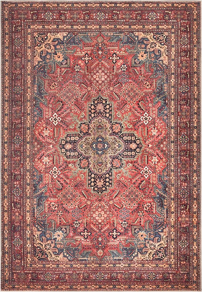 Bloom Rugs Washable Non-Slip 10x14 Rug - Red/Teal Blue/Yellow Traditional Medallion Area Rug for Living Room, Bedroom, Dining Room, and Kitchen - Exact Size: 10' x 14'