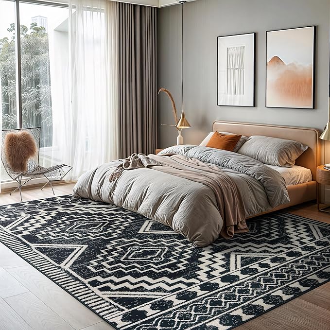 Rugshop Southwestern Black and White Tribal Area Rug – Geometric Diamond Pattern Carpet for Living Room, Bedroom, or Entryway – Boho Rustic Soft Floor Decor 7' 10" x 10' Black