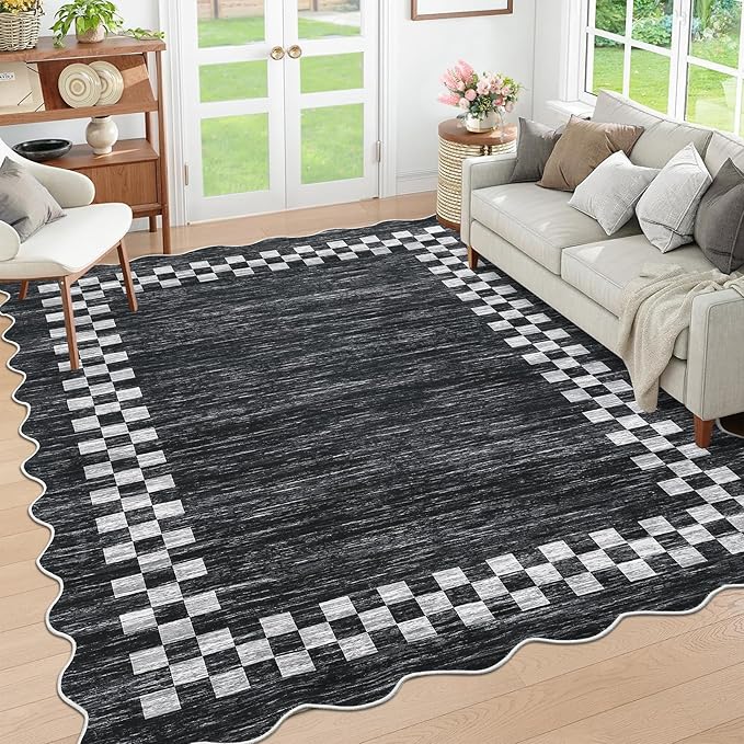 GarveeHome 4x6 Area Rug Small Washable Living Room Rug Scalloped Rug with Rubber Backing Stain Resistant Low Pile Dining Room Throw Carpet Modern Bordered Mat for Bedroom Kitchen, Grey
