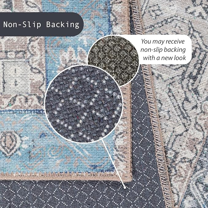 GLN Rugs Traditional Collection - Machine Washable Area Rug, Traditional Washable, Non Slip, Low Pile Chenille Rug, Living Room, Bedroom, Kitchen Rug (2' x 3' Brown/Blue)