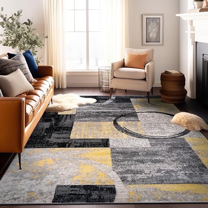 Rugshop Contemporary Circle Design Area Rug, Carpet with Jute Backing for Living Room, Bedroom, or Dining Room, Yellow, 7'10" x 10'2"