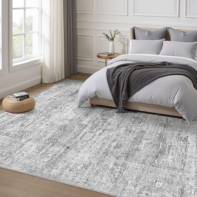 Grey Rug 8x10 Area Rugs: Washable Boho Large Vintage Neutral Soft Rug Stain Resistant Farmhouse Non-Slip Indoor Floor Carpet for Living Room Bedroom Playroom Office Dining Room Apartment Dorm