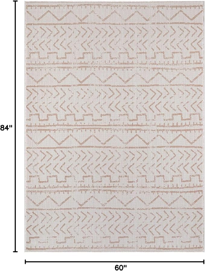 Beverly Rug Waikiki Indoor Outdoor Rug 5x7, Washable Outside Carpet for Patio, Deck, Porch, Trellis Area Rug, Water Resistant, Beige - White