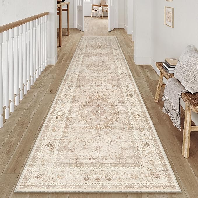 2x10 Beige Washable Vintage Area Rug for Living Room Bedroom Soft Tranditional Non Slip Runner Rug Lightweight Floral Low Pile Distressed Carpet Hallway Kitchen Bathroom Bedroom