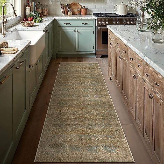 Vintage Runner Rug 2x8 Washable Hallway Carpet Non Slip Long Brown Bedroom Low Pile Kitchen Distressed Retro Accent Throw Rug for Bathroom Dining Laundry Living Room
