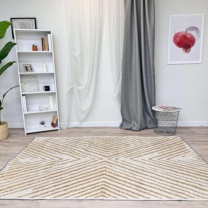 Alfa Rich 5x8 Geometric Gold Off White Washable Area Rugs for Living Room Bedroom Kitchen Cotton Rug