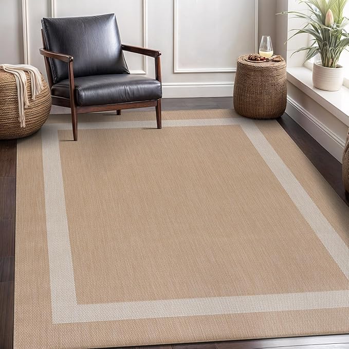 CAMILSON Outdoor Rug 5x7, Modern Outside Rugs for Patios Porches Waterproof Durable Washable Non-Shedding, Easy-to-Clean Indoor Outdoor Area Carpet (5 x 7, Bordered - Beige/White)