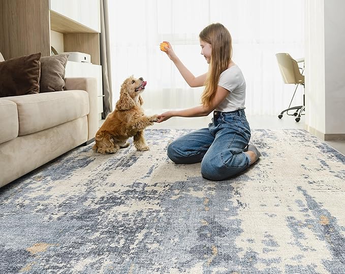 7x9 Area Rug Living Room Rugs - Washable Neutral Modern Abstract Soft Thin Rug Indoor Floor No Slip Rug Carpet for Bedroom Under Dining Table Home Office Decor - Blue/Light Brown
