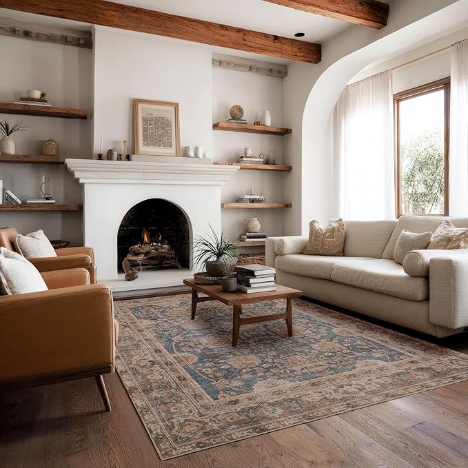 Kuden 4x6 Area Rug, Machine Washable Area Rug with Non-Slip Backing, Vintage Style, Soft, Easy Clean, Low Pile Rug for Living Room, Bedroom, Dining Room