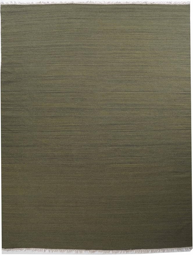 Rugsotic Carpets Hand Woven Flat Weave Kilim Wool ECO-Friendly Area Rugs - 10'x13', Rectangle Shape, Olive Color, Solid Plain Design, Low Pile Handmade Area Rugs for Living Room, Bed Room (D00111)