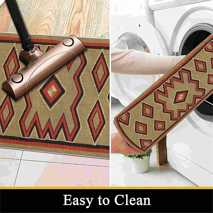 Brown Base Red Black Diamond Runner Rug, 3x12ft Zigzag Pattern Hallway Runner Rug, Corridor & Foyer High-Traffic Area Rugs, Durable Flannel Carpet Non-Slip Mat, Southwestern Home Decor