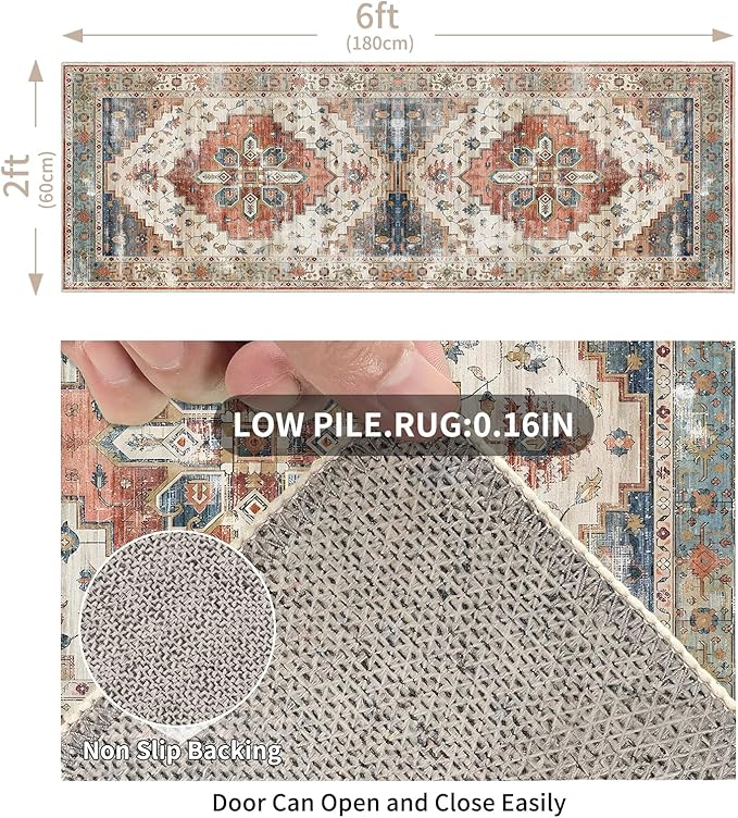 Enkor Runner Rugs for Hallway, 2x6 Washable Soft Non Slip Floor Rugs for Kitchen, Modern Mat for Living Room Bedroom Entryway Beige & Red
