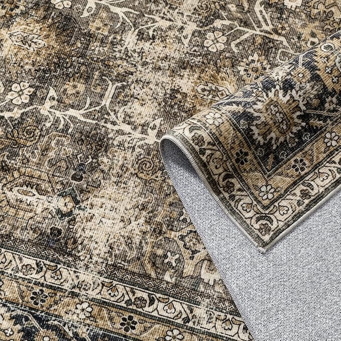 Brown Round Area Rug 5ft Washable 5x5 Circle Vintage Low Pile Indoor Kitchen Living Room Carpet Non Slip Traditional Distressed Retro Accent Throw Rug Office Dining Room Bathroom