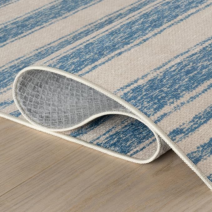 Dash & Albert Vion Blue Machine Washable Rug, 3 X 5 Feet, Blue/Grey Stripe Pattern