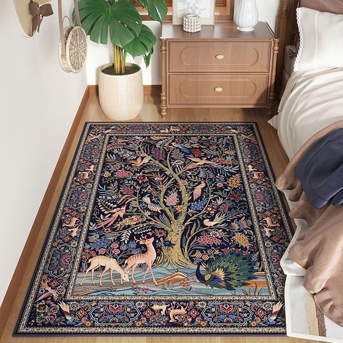 Rugcomf 3x5 Rug Vibrant Tree of Life-Patterned Vintage Non Slip Low Pile Small Carpet for Bedroom Bedside Kitchen Entryway Kids Room Office College Dorm Essentials for Girls, Blue
