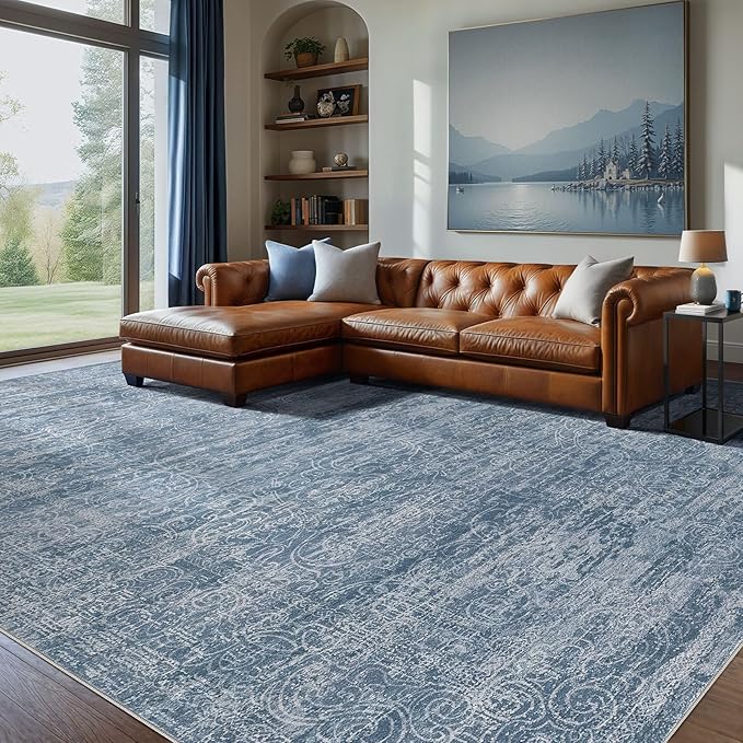 Area Rug Living Room Rugs - 10x14 Abstract Large Soft Indoor Washable Rug Neutral Modern Low Pile Carpet for Bedroom Dining Room Farmhouse Home Office - Dark Blue