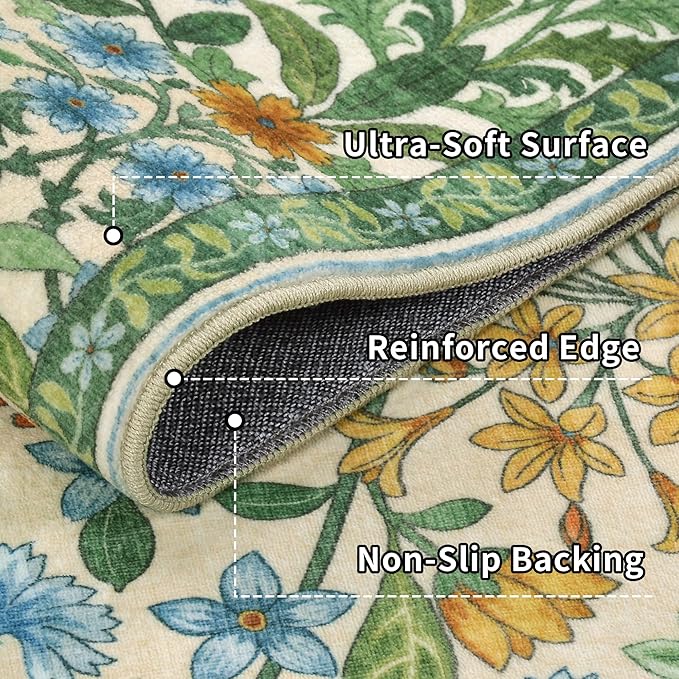 3x5 Grass Green Boho Floral Vintage Area Rug,Soft Lightweight Low Pile Non-Shedding Carpet,Machine Washable Stain Resistant & Non-Slip for Entryway,Bedroom, Kids Room,Living Room