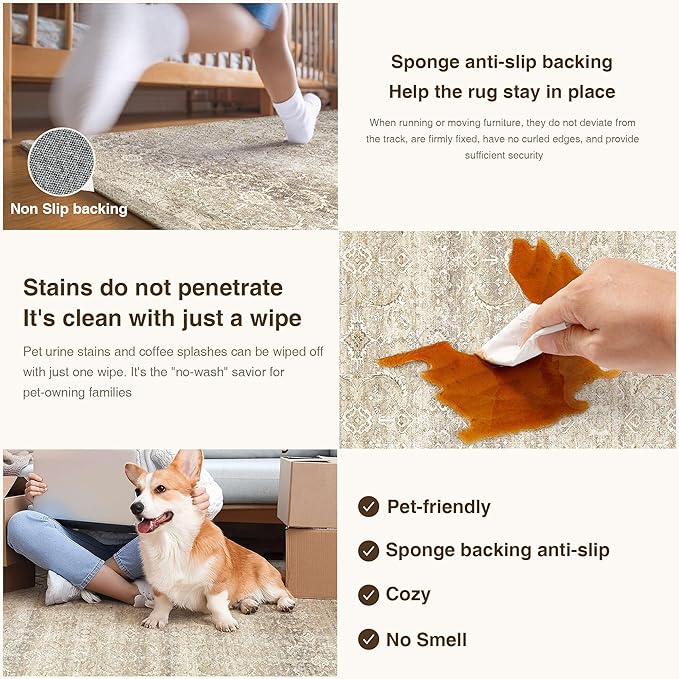 HUGEAR 5x7 Area Rug Beige Vintage Neutral Washable Bedroom Rug Soft Non Slip Distressed Carpet Low Pile Pet Friendly for Living Room Bedside Dining Room