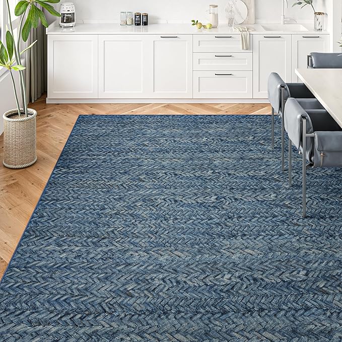 Eleisa Modern Vintage 10x14 Herringbone Chevron Area Rug, Non-Slip Stain Resistant Washable Rug, Blue Large Rug for Living Room, Farmhouse Carpet for Bedroom, Kitchen, Dining Room, Home Office