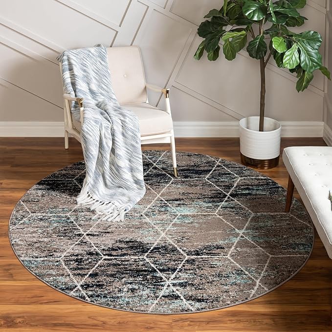 Unique Loom Trellis Frieze Collection Area Rug - Geometric (4' Round, Blue Multi/ Ivory)
