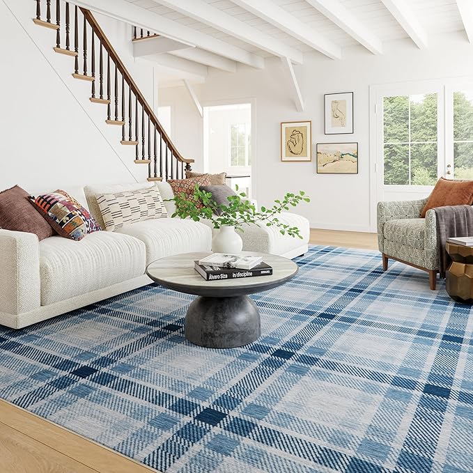 Dash & Albert Andri Plaid Blue Machine Washable Rug, 6 X 9 Feet, Blue/White Plaid Pattern