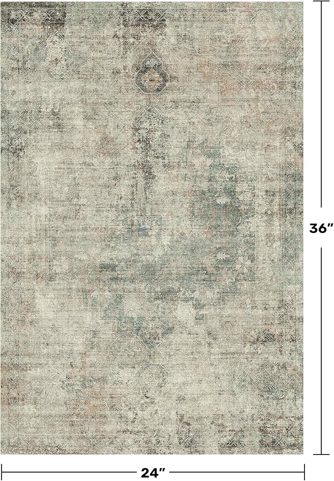 Moss 2x3 Washable Entryway Rug, Medallion Abstract Throw Rugs for Kitchen, Bathroom, Farmhouse Home Décor, Non Slip Low Pile Soft Stain Resistant Carpet (Green and Moss)