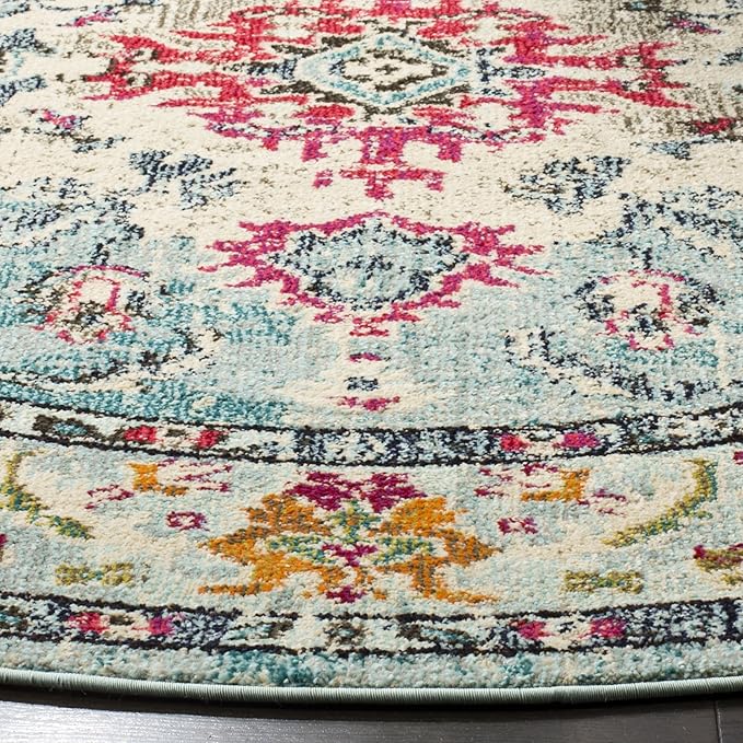 SAFAVIEH Monaco Collection Area Rug - 3' Round, Light Blue & Fuchsia, Boho Chic Medallion Distressed Design, Non-Shedding & Easy Care, Ideal for High Traffic Areas in Living Room, Bedroom (MNC243J)