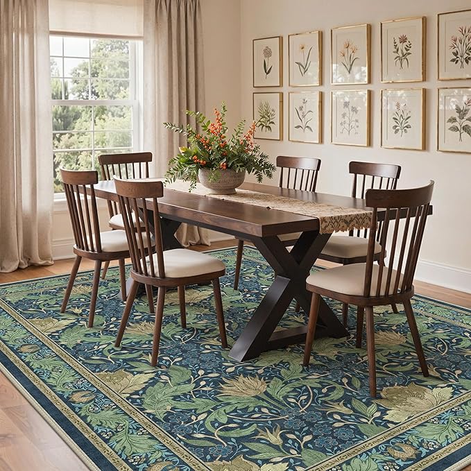 Bavni 9x12 Area Rugs, Floral Machine Washable Rugs for Living Room, Dinning Room, Bedroom, Non Slip Aesthetic Vintage Low Pile Durable Lightweight Farmhouse Rug, Tea Green/Blue