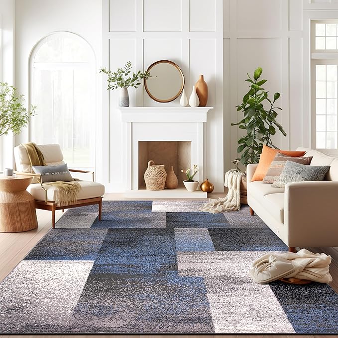 Rugshop Blue Modern Distressed Boxes Large Area Rug — Non-Shedding for Living Room, Office and Dining Room 8' x 10'