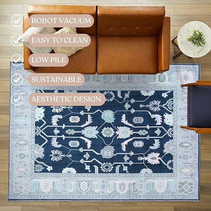 Fame Living Navy Blue Oushak Rug, Modern, Vintage, Turkish, Eclectic, Floral, Pastel, Washable, Area Rugs for Living Room, Dining, Bedroom, Office, Entryway, Foyer, Playroom, Nursery, 5'x6'9"