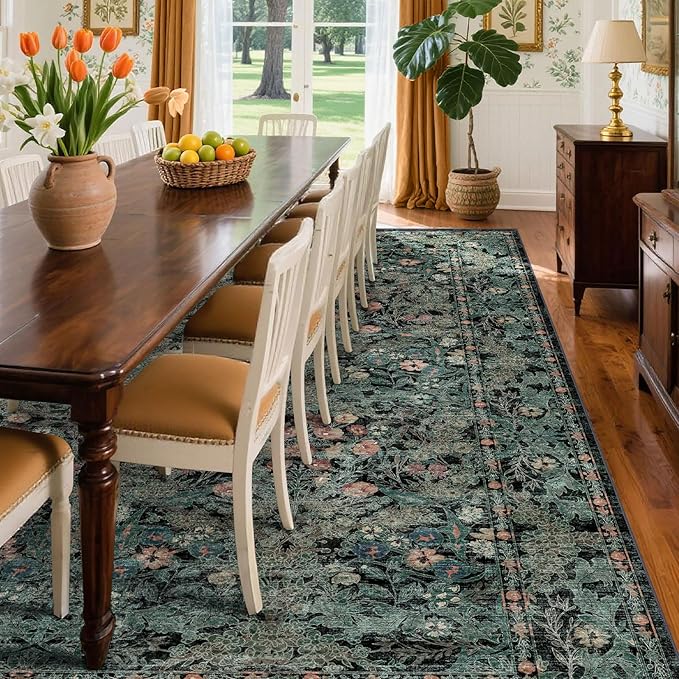 Farmhouse 9x12 Dark Green Floral Living Room Area Rugs, Large Washable Vintage Distressed Rug for Bedroom, Dining Room Under Table, Moody Low Pile Non-Slip Retro Carpet, Soft Boho Art Deco Mat