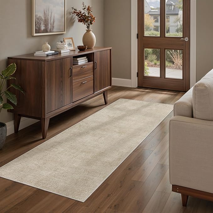 Art&Tuft 2x8 Runner Rug - Washable Runner Rugs, Non-Slip Runner Rug for Hallway, High Low Pile Textured Stripe 2x8 Rug Runner Throw Carpet for Entrance Entryway Bedroom Living Room Kitchen, Beige