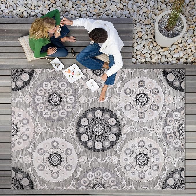 CAMILSON Indoor Outdoor Rug 10x14 Bohemian Medallion Floral Area Rugs for Indoor and Outdoor Patios Easy-Cleaning Non-Shedding Living Room Garden and Kitchen Washable Outside Carpet (10 x 14 / Gray)