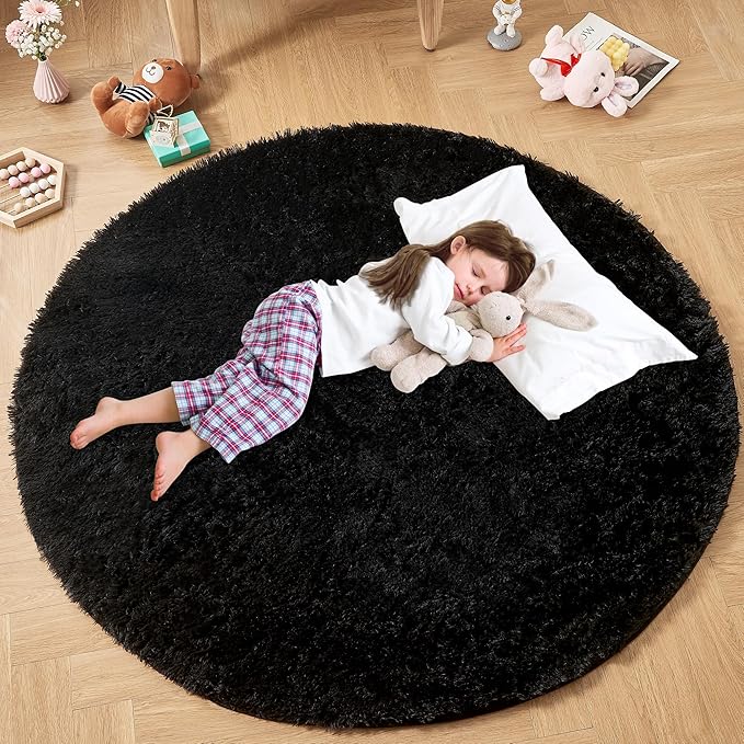 Andency Black Round Area Rug for Bedroom, Soft Shag Circle Rug 4x4 for Room, Fluffy Faux Fur Carpet for Home Decor, Circular Fuzzy Plush Rug for Living Room Playroom