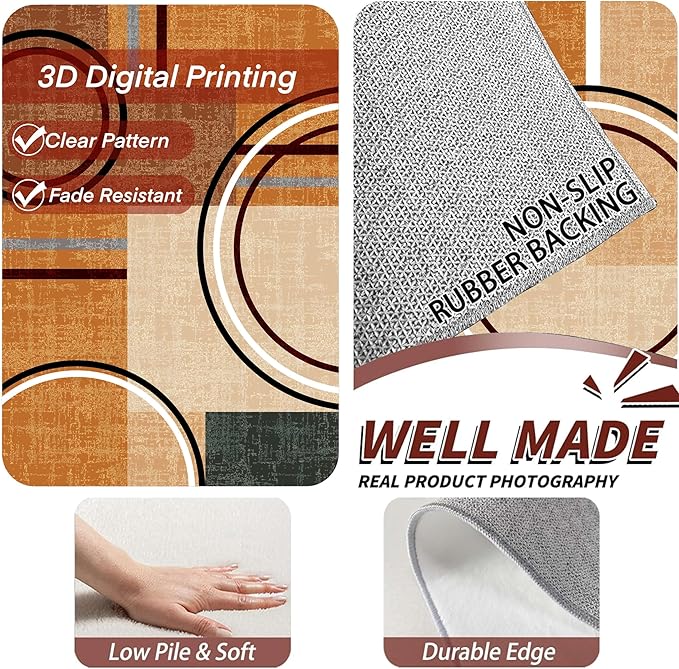 Modern Wavy Circles Area Rug 3x4ft, Geometric Design Low Pile Carpet, Soft & Non-Slip Washable Mat for Living Room, Bedroom, Dining Room